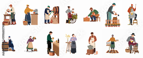 Set of illustrations featuring people engaged in traditional harvest, food production, and beverage preparation activities like cider making, winemaking, and brewing.