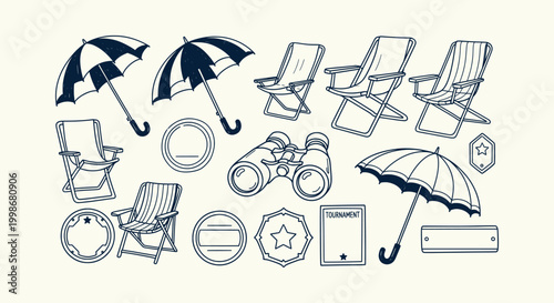 Hand Drawn Leisure Illustration Collection Featuring Beach Chairs Umbrellas and Binoculars Graphics