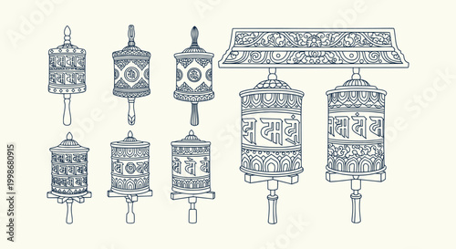 Collection of Traditional Tibetan Buddhist Prayer Wheels Line Art Illustrations for Spiritual Art