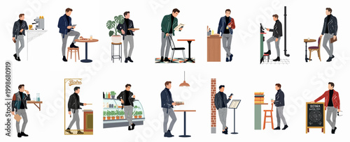 Collection of flat vector illustrations featuring a stylish young man in various bistro and cafe settings, including scenes with pizza and coffee.