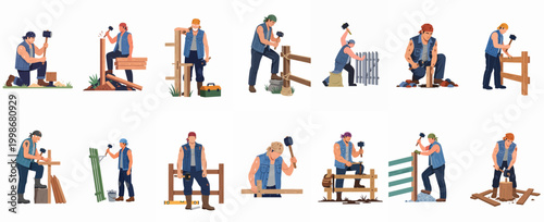 Set of flat vector illustrations depicting strong men in bandanas building and repairing wooden fences using hammers and sledgehammers.