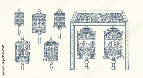 Set of Hand Drawn Tibetan Buddhist Prayer Wheels Mani Wheels Sketch Vector Illustrations for Design