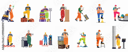 Collection of Logistics and Warehouse Workers in Uniforms Using Smartphones for Data Tracking and Cargo Handling Set Against a White Background