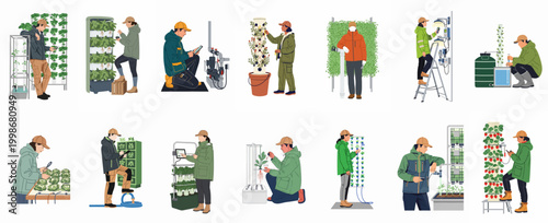 Illustrations of modern farmers managing vertical hydroponic systems, using digital tools to grow crops in a sustainable and high-tech indoor environment.