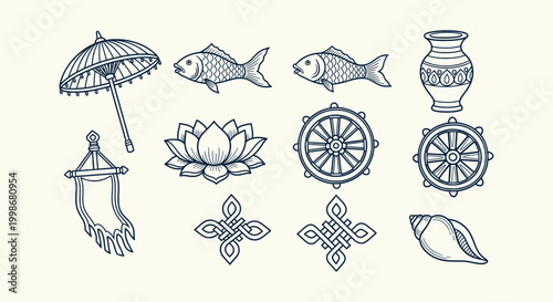 Ashtamangala Eight Auspicious Symbols Buddhist Icon Set Vector Line Art for Yoga and Meditation