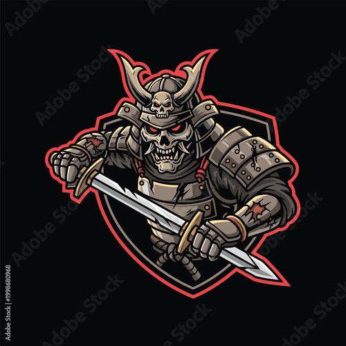 Samurai warrior with skull face sword.