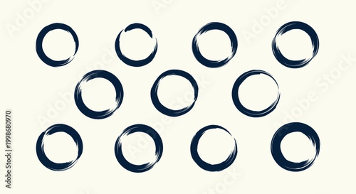 Set of Navy Blue Enso Zen Circles Hand Drawn Ink Brush Stroke Minimalist Japanese Calligraphy Art