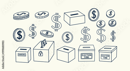 Hand Drawn Donation Boxes Election Fund Icons and Dollar Currency Symbol Vector Illustration Set