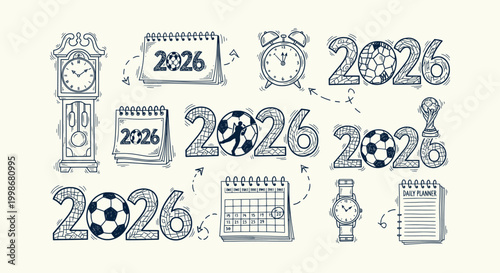 Hand drawn doodle set for 2026 soccer championship with clocks calendars and planning elements.