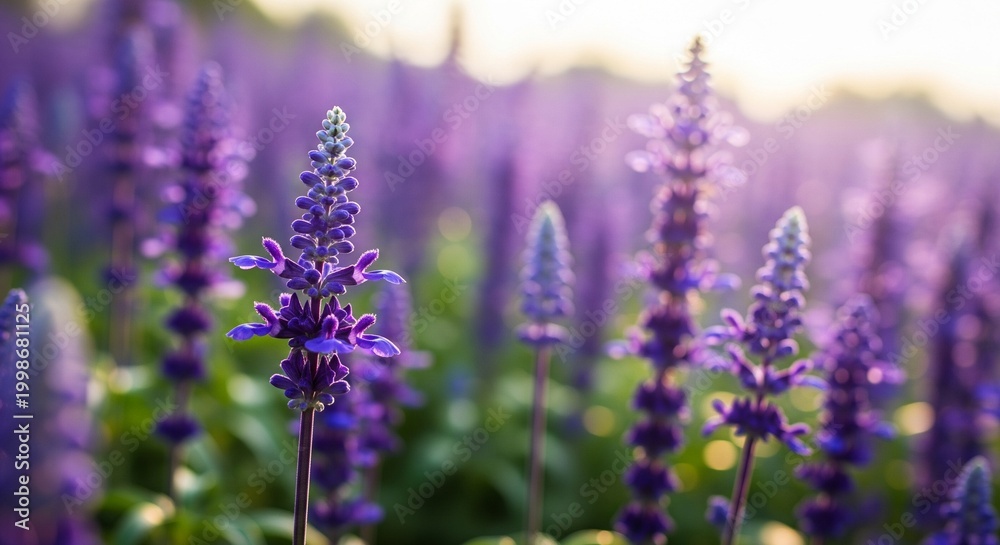 Naklejka premium Close-up of vibrant purple Salvia flowers in a sunlit field, soft bokeh background, ideal for nature, wellness, and floral design projects, high-quality photography.