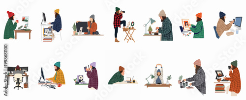 Flat vector illustration set of women creative professionals, photographers, and designers working in cozy winter-themed workspaces.