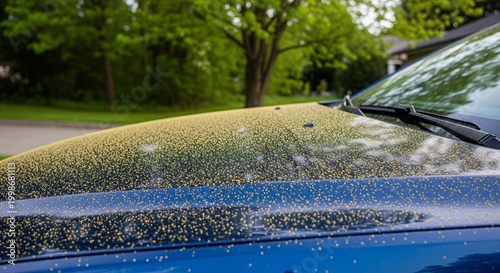Blue Car Hood Covered in Yellow Pollen Dust, Spring Season Allergy Season Pollution on Vehicle Exterior, Natural Outdoor Environment