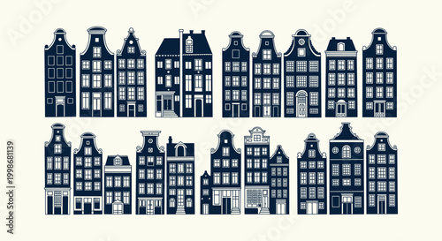 Canvas Print Collection of vintage Dutch canal houses silhouettes in Amsterdam style for architectural design