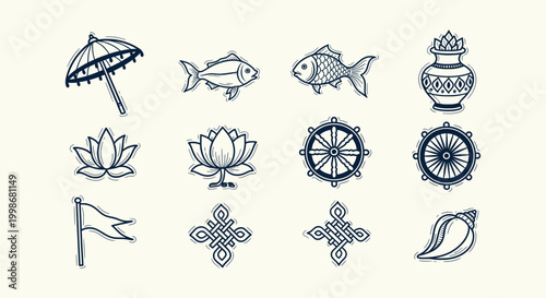 Set of Hand Drawn Auspicious Buddhist Symbols Including Dharma Wheel Lotus and Endless Knot Icons
