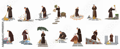 Illustrations of a monk in brown robes performing various garden tasks such as sweeping leaves, raking sand, and maintaining a traditional zen garden.