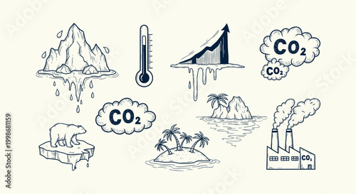 Climate Change Sketch Set with Melting Glaciers Polar Bear CO2 Emissions and Rising Temperatures