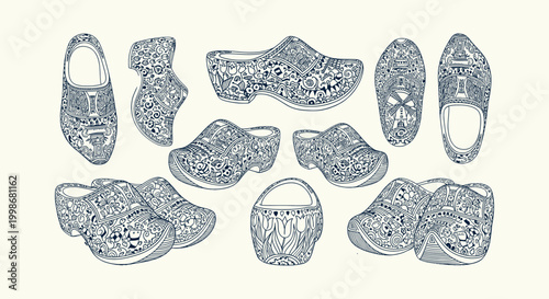 Set of traditional Dutch wooden shoes with intricate doodle patterns hand drawn vector illustration