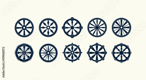 Buddhist Dharmachakra symbol set with ten different dharma wheel icons for spiritual yoga designs