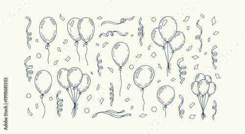 Vector Set of Hand Drawn Doodle Style Party Balloons with Streamers and Confetti for Celebration