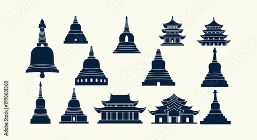 Collection of Minimalist Blue Vector Silhouettes of Oriental Pagodas, Stupas and Asian Temples