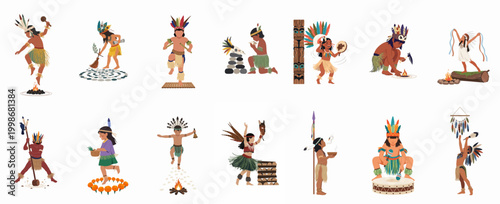 A collection of indigenous children characters performing traditional rituals, dances, and musical ceremonies in various cultural costumes on a white background.