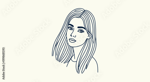Elegant hand drawn minimalist line art portrait of a young woman with long hair on light background