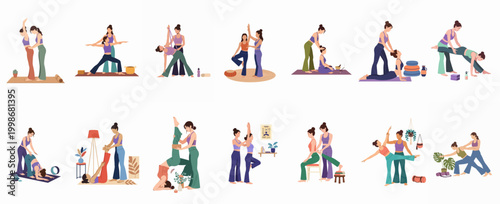 Set of flat vector illustrations depicting a professional yoga instructor assisting female students with various poses and stretching exercises for physical wellness.