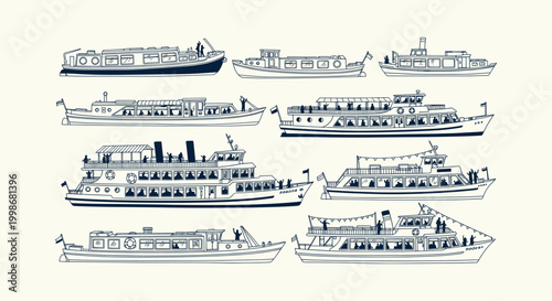Set of vintage canal boat illustrations and river cruise ship silhouettes for travel design concepts