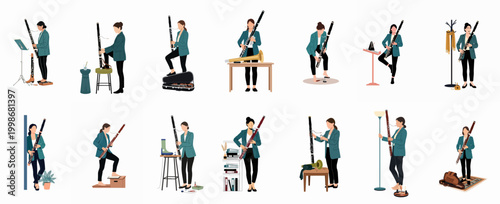 Comprehensive collection of flat vector illustrations depicting a female bassoonist in various professional and practicing poses, from playing to maintenance.