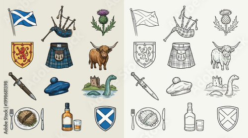 Foto A collection of iconic Scottish symbols presented in both color and monochrome illustrations, featuring national emblems and cultural representations