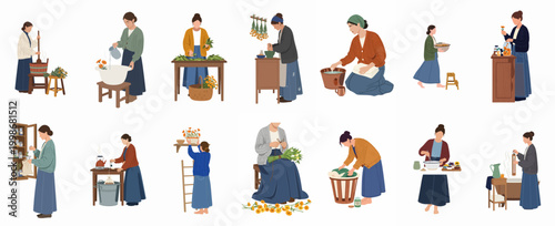 Set of women herbalists and artisans practicing traditional crafts, preparing remedies, and working with plants in a rustic cottagecore style.