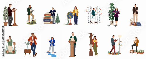 A collection of diverse professional character illustrations engaged in various intellectual and environmental activities, combining office life with natural and academic settings.