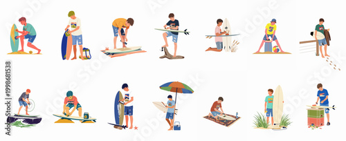 Set of diverse flat vector illustrations featuring young men and boys maintaining, cleaning, and waxing their surfboards at the beach.