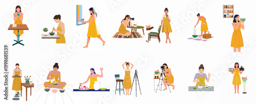 Set of vector illustrations featuring a female food blogger and content creator engaged in photography, cooking, and social media production for her brand.