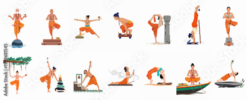 Collection of Indian monks and sadhus performing diverse yoga poses and spiritual rituals in traditional saffron robes, flat vector illustration set.