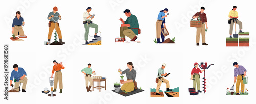 A set of illustrations depicting diverse male and female professionals performing various soil sampling, analysis, and agricultural research tasks in a flat graphic style.