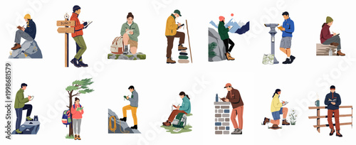Diverse set of hikers and travelers writing in notebooks and journaling amidst mountain scenery, flat vector illustration on a white background.