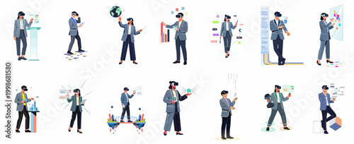 Collection of diverse business professionals wearing virtual reality headsets and interacting with futuristic digital interfaces, data visualizations, and immersive metaverse environments.