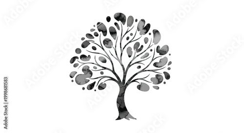 A stylized grayscale tree with abstract, watercolor-like leaves on a white background