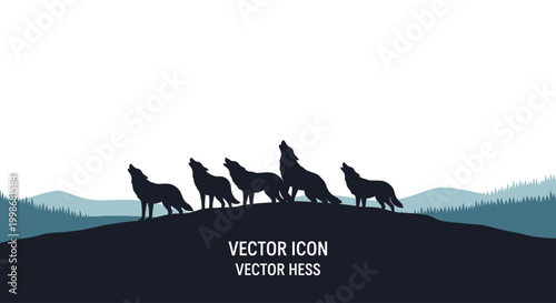 Silhouettes of five wolves howling on a dark hill with distant blue trees