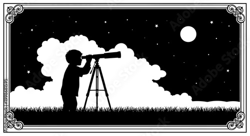 Young stargazer silhouetted against a starry night, gazing through a telescope