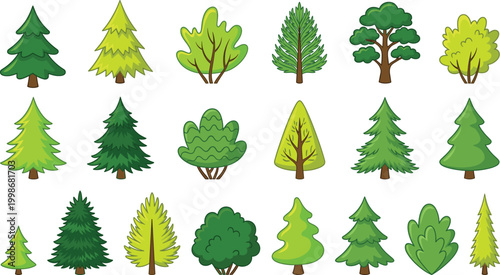 Cartoon diverse trees collection, coniferous deciduous bush foliage vector illustration, botanical nature artwork design graphic - colorful flat vector illustration