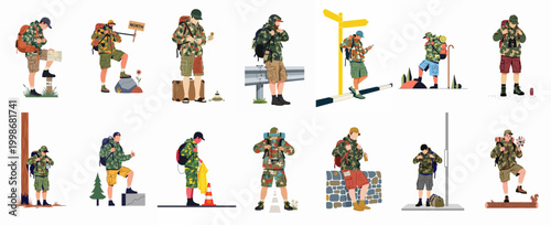 A collection of illustrations featuring a male hiker in camouflage clothing and a backpack engaged in various outdoor and travel activities.