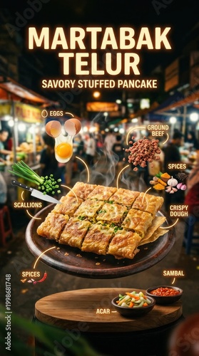 Delicious Martabak Telur Savory Stuffed Pancake Food Photography.