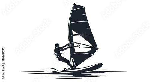 Silhouetted windsurfer glides across water, sail catches the wind