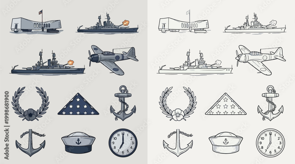 Φωτογραφία Collection of vintage-style military and naval icons, including ships, aircraft, flags, anchors, and sailor hats