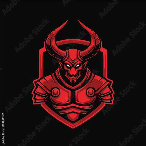 Red devil monster head in armor.