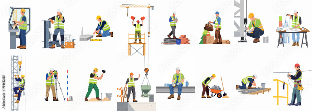 Fototapeta premium Collection of construction workers and professionals in safety gear performing various tasks at a building site, isolated on a white background.