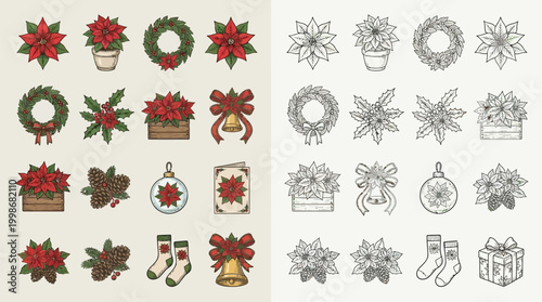 Collection of Christmas-themed illustrations featuring poinsettias, wreaths, ornaments, and gift boxes in both color and monochrome styles.