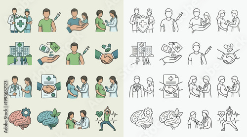 Collection of medical and health-related icons, featuring doctors, patients, hospitals, and wellness activities, presented in both color and line art styles.